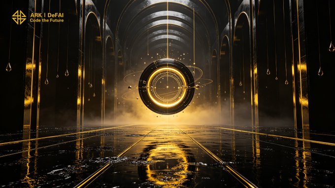 A glowing golden ring hovers in a dark, cathedral-like chamber with reflective black floors and arched columns, with the text "ARK | DeFAI - Code the Future" displayed in the upper left corner. The futuristic imagery of an AI core orb aligns with the post's theme of Arkie's AI agents serving as the central intelligence layer powering the ecosystem's automation and execution.
