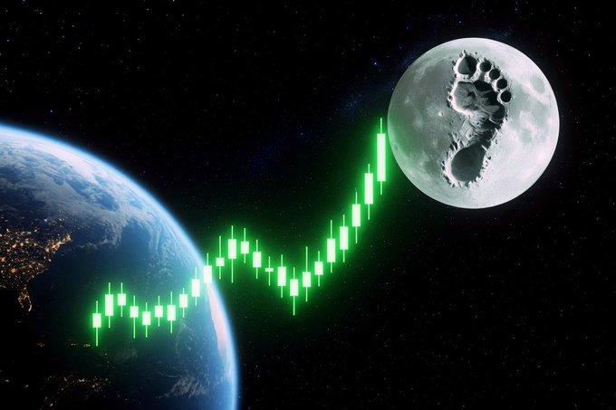 A green stock chart showing an upward trend against a space backdrop, with Earth on the left and a moon bearing a large footprint on the right.