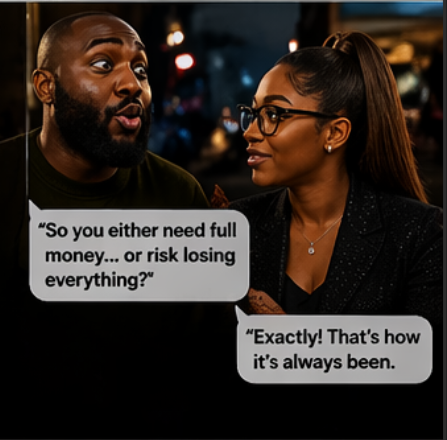 The image shows a man with glasses and a woman wearing glasses having an animated conversation, possibly discussing their views on money or risk-taking behavior. The text "So you either need full money...or risk losing everything?" appears multiple times throughout the image, suggesting that they are talking about financial matters.