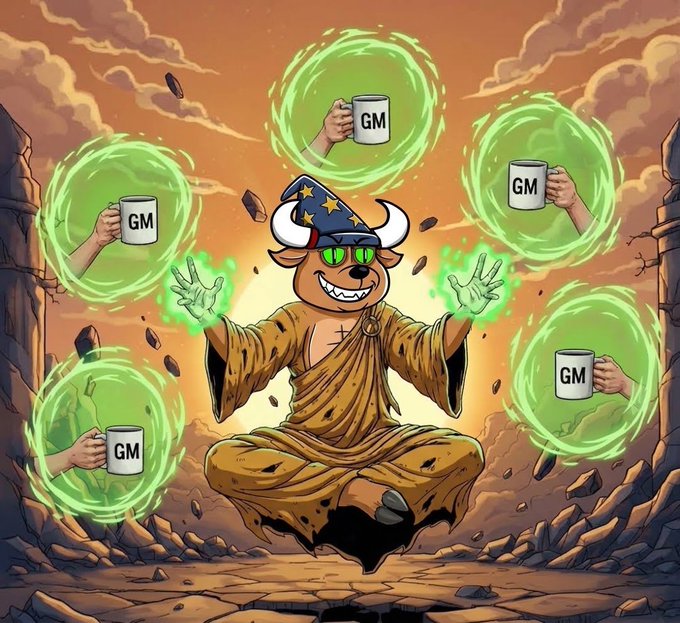 A cartoon illustration of a floating bull-like character in wizard attire with green glowing eyes, surrounded by floating hands holding 'GM' coffee mugs within green energy spheres, set against a fiery landscape.
