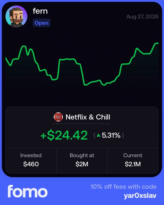 The image shows a Fomo trading dashboard for user "fern" displaying a "Netflix & Chill" ($CHILL) stock position with a gain of +$24.42 (5.31%), invested at $460. The chart and positive returns visually support the post's theme of sending fern $250 in $CHILL tokens to cover Netflix and pizza expenses.