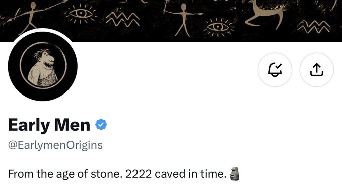 Twitter/X profile page for 'Early Men' (@EarlymenOrigins) with a verified checkmark and a bio reading 'From the age of stone. 2222 caved in time.'