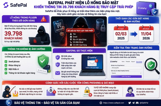 A Vietnamese-language cybersecurity advisory infographic from SafePal warning users about a security vulnerability in a Shopify plugin that affected 39,798 wallets, with affected period from 02/03/2025 to 11/04/2026 and guidance to check status at safepal.com.