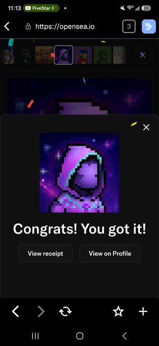 A mobile screenshot of the OpenSea website displays a confirmation message reading 'Congrats! You got it!' above buttons to view receipt or profile.