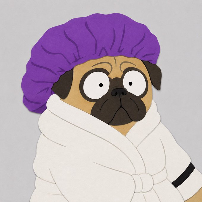 A cartoon pug dog wearing a white bathrobe and a purple shower cap stands against a gray background.