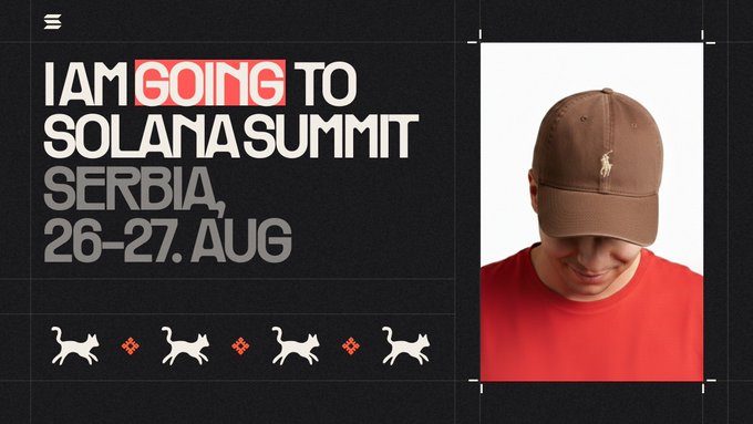 A promotional banner reading "I AM GOING TO SOLANA SUMMIT SERBIA, 26-27. AUG" featuring a person in a red shirt and brown Polo cap, with dog silhouettes along the bottom.