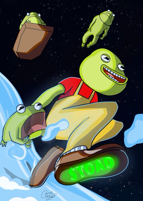 A vibrant cartoon illustration of an anthropomorphic frog wearing overalls, riding a hovering skateboard labeled 'FROG' through a cosmic sky with clouds and other floating frogs.