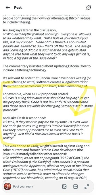 A screenshot of a social media post discussing a Bitcoin Core developer lawsuit, highlighting quotes from CSW (Craig Wright) and Luke Dash Jr. regarding legal actions taken against Bitcoin Core developers, with a yellow circle emphasizing Luke Dash Jr.'s statement about writing code "to seize Craig Wright's 'stolen' Bitcoin" for pay. The image supports the post's claim by showing Luke Dash Jr.'s own words expressing willingness to work against other Bitcoin developers for financial compensation, reinforcing the characterization of him as untrustworthy within the Bitcoin community.