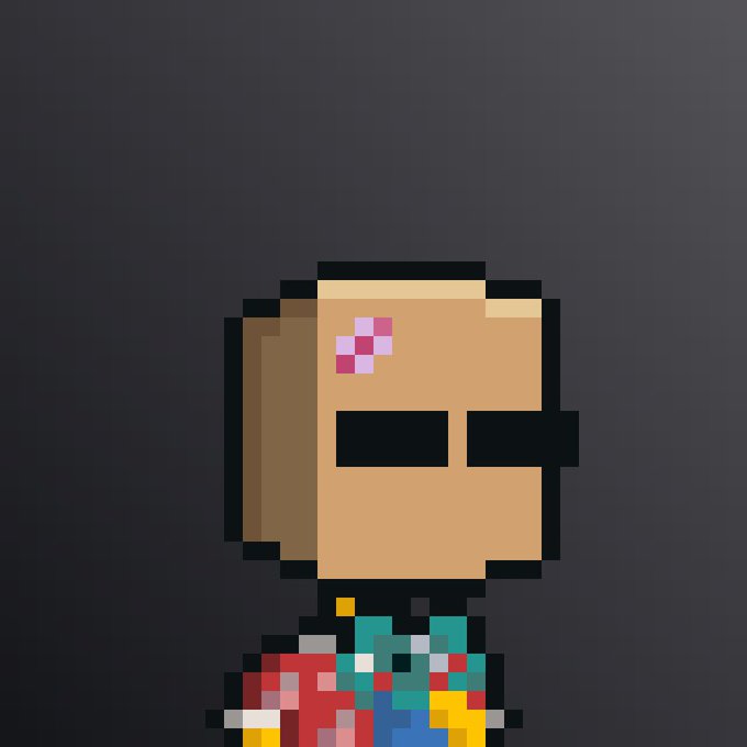 A pixel art character with dark sunglasses and a bandage on their forehead stands against a dark gradient background. The image appears to be NFT artwork, aligning with the post's commentary about NFTs being the main driver of the crypto space.