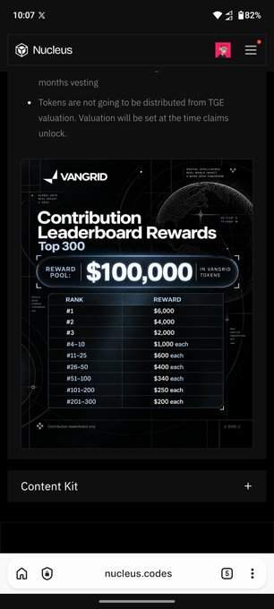 A mobile screenshot from the Nucleus app showing a "VANGIRD Contribution Leaderboard Rewards" graphic with a $100,000 reward pool distributed to the Top 300 contributors.