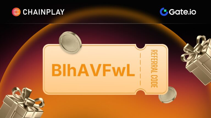 Chainplay referral code graphic branded with Gate.io, displaying the referral code 'BlhAVFwL' on a ticket with gift boxes and coins.