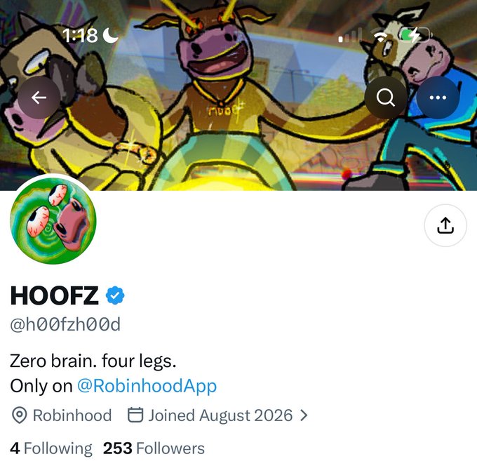 A screenshot of the verified X (formerly Twitter) profile @h00fzh00d, displaying the name "HOOFZ," the bio "Zero brain. four legs. Only on @RobinhoodApp," 253 followers, and a banner featuring cartoon cow characters. The image aligns with the accompanying post noting an upcoming HOOFZ listing on Robinhood.
