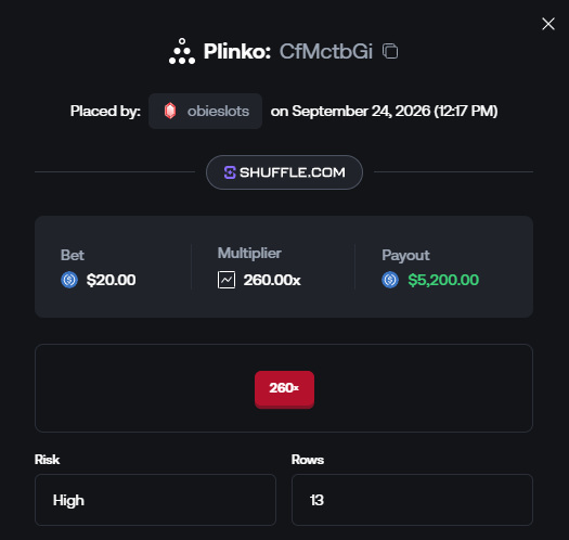 A Plinko betting result from Shuffle.com showing a bet of $20.00 by user 'obieslots' on September 24, 2026 (12:17 PM), with a 260.00x multiplier resulting in a $5,200.00 payout on High risk with 13 rows.