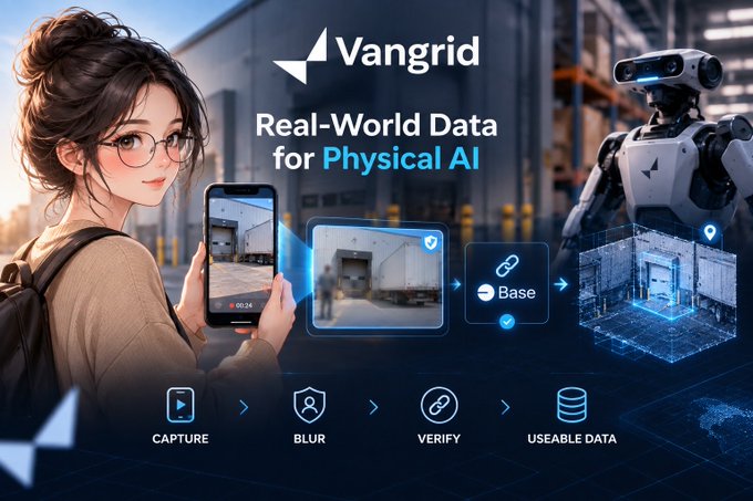 A promotional graphic for "Vangrid" advertising "Real-World Data for Physical AI," showing a woman with a smartphone capturing footage of a warehouse, with icons for Capture, Blur, Verify, and Useable Data.