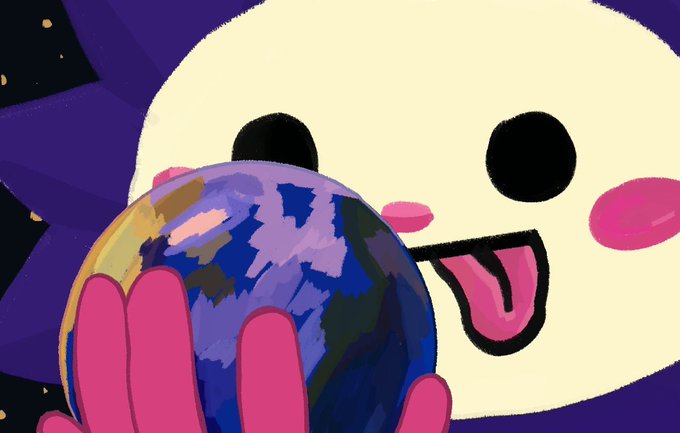 A digital illustration of a cute white ghost-like character with black eyes, pink cheeks, and a pink tongue sticking out, holding a blue and purple Earth-like planet in pink hands against a starry purple background.
