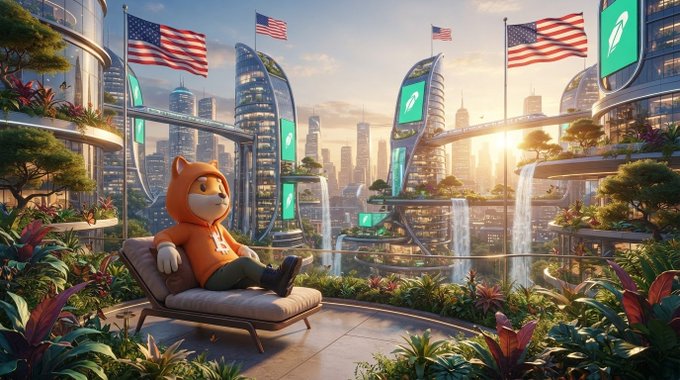 A vibrant, futuristic cityscape with modern skyscrapers, waterfalls, and American flags, featuring a cartoon orange cat in a hoodie relaxing on a lounge chair in the foreground.