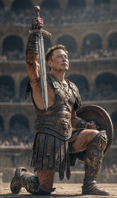 A muscular gladiator kneels triumphantly in a Roman colosseum, raising a sword overhead with a lion-faced chest plate and shield. The pose evokes resilience and triumph, aligning with the post's "Make $DOGEUS great again" message by symbolizing a champion rallying to restore past glory.