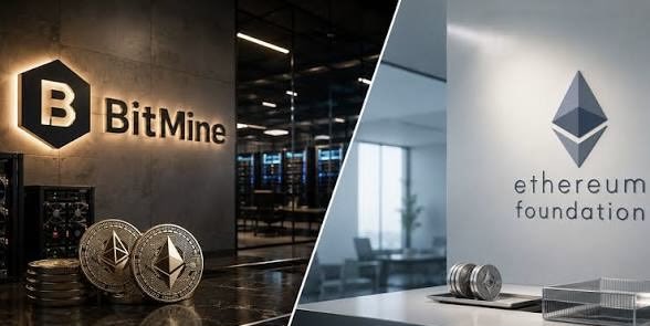 The image features two logos, one for Bitmine (a company) and another for Bitcoin (the cryptocurrency). The Bitmine logo is displayed on a black background with a large white "B" above it, representing its affiliation with Tom Lee's Bitmine. In contrast, the Bitcoin logo is shown against a gray background with a smaller "B" below it, symbolizing the Bitcoin coin owned by Bitcoin Foundation. Both logos are placed side by side in a split image, emphasizing the difference between the two companies or cryptocurrencies featured.