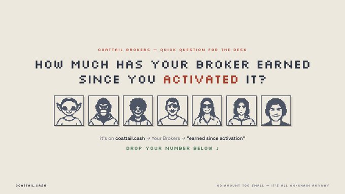 A Coinfail.cash promotional graphic with retro pixel-art character portraits asking 'HOW MUCH HAS YOUR BROKER EARNED SINCE YOU ACTIVATED IT?' directing users to input their number.