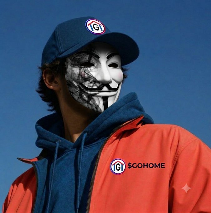 A person wearing a Guy Fawkes mask, a navy cap, and an orange jacket displays the IGT $GOHOME logo as a patch on their chest and cap.