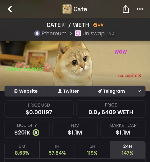 A cryptocurrency tracking interface displays the $CATE/WETH token pair on Uniswap V2 (Ethereum), showing a price of $0.001197 USD (0.000006409 WETH), $201K liquidity, $1.1M FDV/Market Cap, and notable gains of 8.63% (5M), 57.84% (1H), 119% (6H), and 147% (24H). The bold 147% 24-hour surge aligns with the post's claim that $CATE is running significantly, suggesting potential for further upside from current levels.