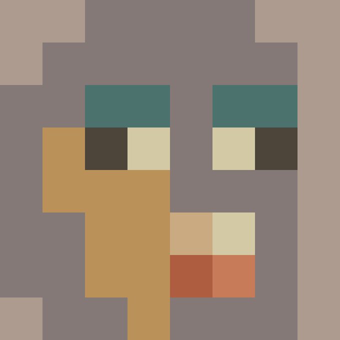 A pixel art image depicting a gray character with teal eyebrows, mismatched black eyes, and an orange block on its side.