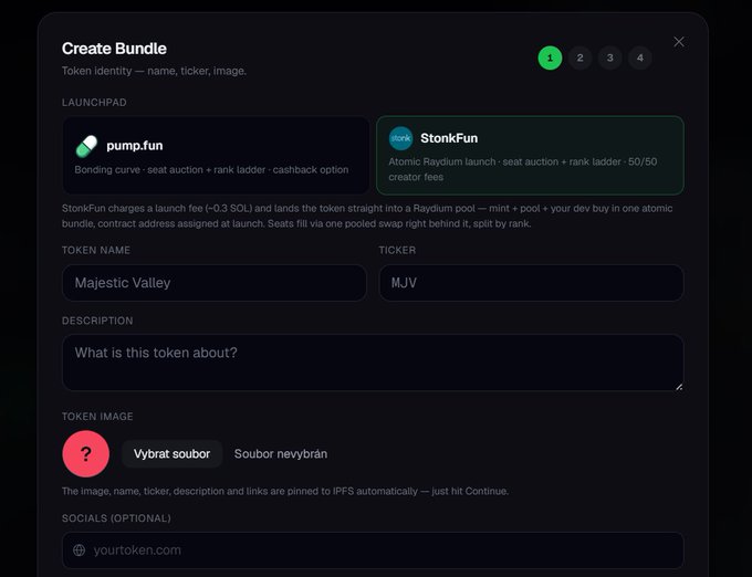 A 'Create Bundle' interface for token launchpads, showing StonkFun selected, with token name 'Majestic Valley' and ticker 'MJV' entered.
