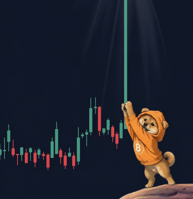 An illustrated Shiba Inu dog wearing an orange Bitcoin hoodie pulls up a green candlestick on a cryptocurrency chart.