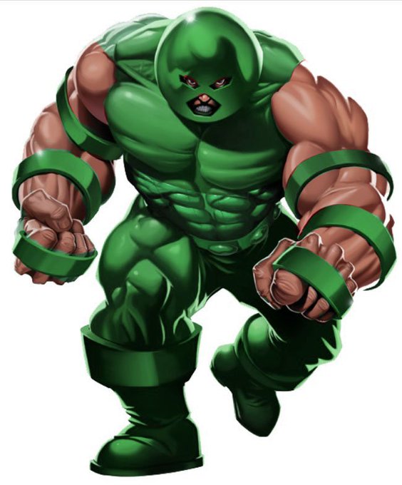 A muscular anime/comic character wearing a green full-body suit with a hood and bangle accessories is depicted in a dynamic running pose.