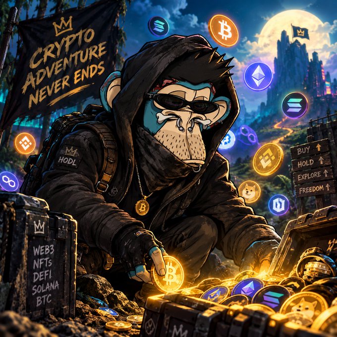 A stylized digital illustration of a hooded monkey character wearing sunglasses and a 'HODL' backpack, holding a Bitcoin coin over a treasure chest filled with crypto coins, surrounded by floating cryptocurrency logos (BTC, ETH, SOL) and a banner reading 'CRYPTO ADVENTURE NEVER ENDS'.
