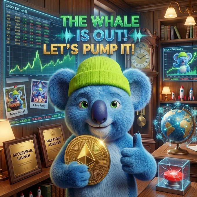 A blue cartoon koala wearing a yellow beanie gives a thumbs-up while holding a golden Ethereum coin, standing in a cozy study filled with stock charts, rocket figurines, and "MILESTONE ACHIEVED" and "SUCCESSFUL LAUNCH" plaques beneath neon text reading "THE WHALE IS OUT! LET'S PUMP IT!"—visually hyping the poster's early $GLITCH meme coin entry and pump-themed contract address.