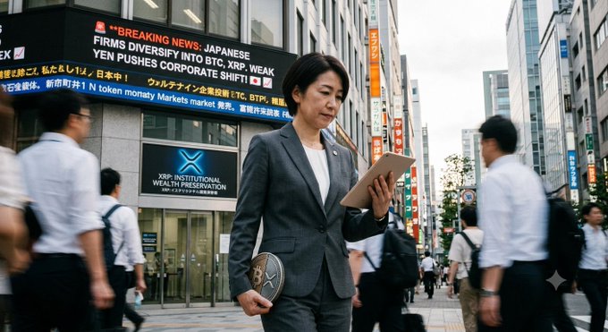 A businesswoman walks through a Japanese financial district holding a tablet featuring the XRP logo, beneath a breaking news ticker announcing that Japanese firms are diversifying into Bitcoin and XRP as the yen weakens.

The image visually reinforces the post's narrative by showing a professional actively engaging with XRP in a bustling corporate Japanese setting, symbolizing the treasury shift from yen to crypto.