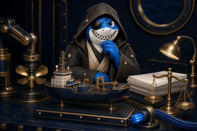 A 3D render of a blue shark mascot dressed as a Jedi, wearing a brown hooded robe and an eyepatch, standing behind a desk with a model ship, brass scales of justice, and a gavel.