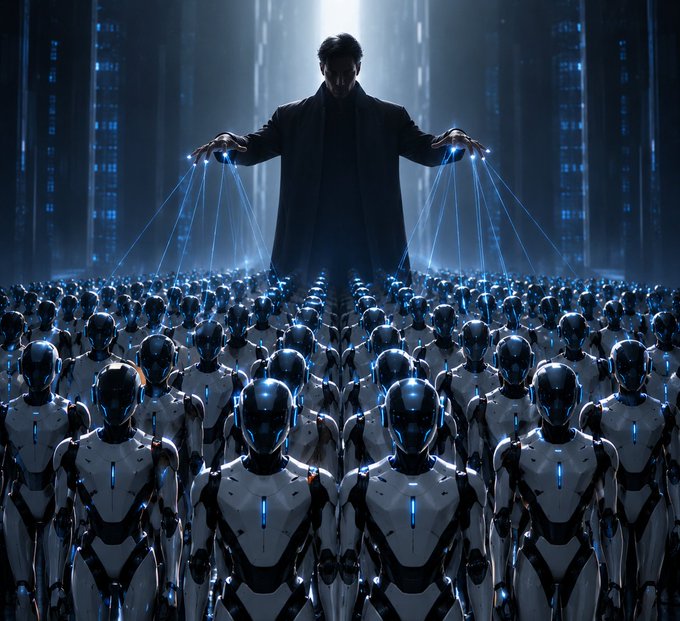 A dark, sci-fi themed digital artwork showing a silhouetted figure in a trench coat manipulating strings attached to a massive army of white humanoid robots, resembling a puppet master in a futuristic setting.