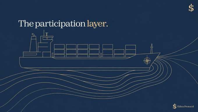 The image features a dark navy background with a gold-line illustration of a cargo ship floating on stylized waves, displaying the text "The participation layer." in an elegant serif font. The S$ (Ethra Protocol) logo appears in the upper right and lower right corners. The ship's design, being loaded with containers, visually reinforces the accompanying message about Harbor serving as the entry point where users deposit USDC into the Steakhouse Prime within the SHIP ecosystem, metaphorically representing how users board the "ship" to begin their participation journey.