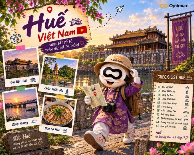 A travel advertisement for Hue, Vietnam by Optimum, featuring a panda mascot holding a map, with photo highlights of Dai Noi Hue, Chua Thien Mu, Song Huong, and Bun bo Hue, plus a checklist of attractions.