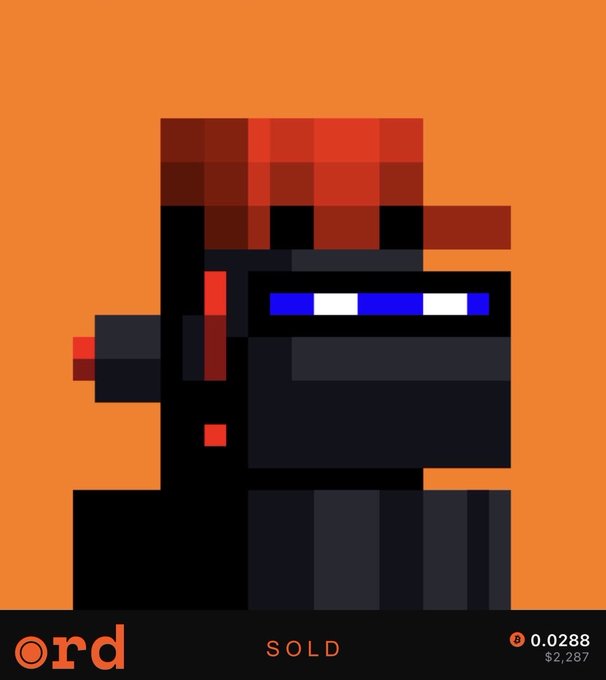A pixel art image on an orange background showing a black and red character with a visor, marked as 'SOLD' on an 'ord' platform for 0.0288 ($2,287).