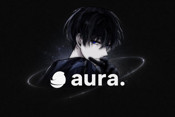 Anime-style illustration of a dark-haired male character with blue eyes against a starry black background, branded with 'aura.' logo.