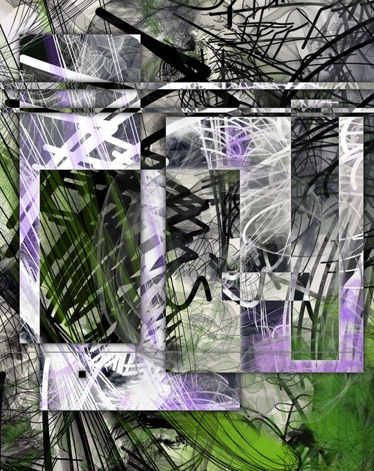 An abstract digital artwork featuring layered rectangular frames filled with chaotic black, white, green, and purple scribbles, squiggles, and graffiti-like marks.