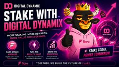 A promotional banner for 'Digital Dynamix' advertising staking rewards with tiers like 'Earn Dynamix' and 'Profit Tribe' against a neon purple background with a bull mascot wearing sunglasses.