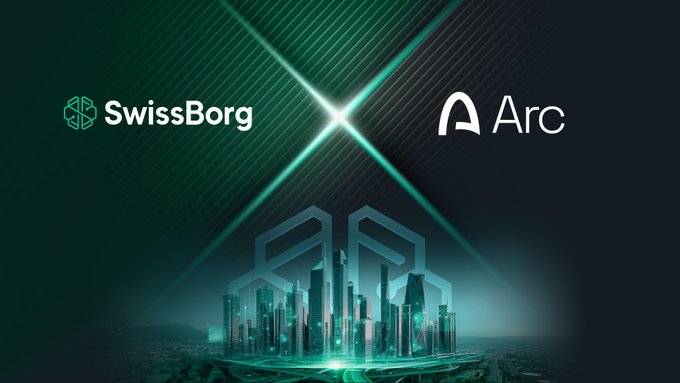 A promotional graphic displays the "SwissBorg" and "Arc" logos against a futuristic, teal-lit cityscape.