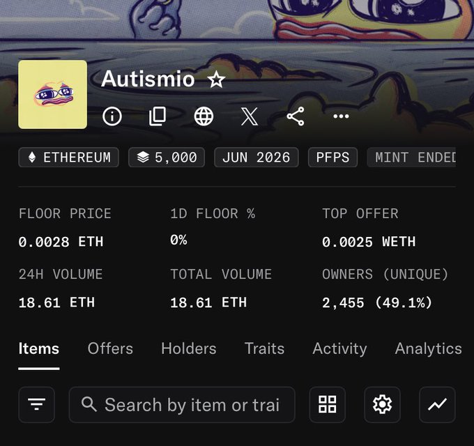 An NFT collection page for "Autismio" on the Ethereum blockchain, displaying a floor price of 0.0028 ETH, a 5,000 total supply, and a June 2026 mint end date, with 2,455 unique owners.