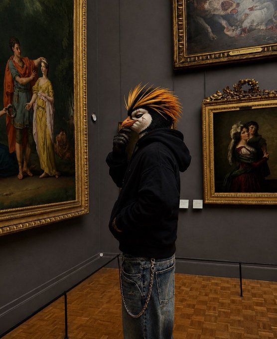 A figure wearing an elaborate, colorful bird mask and a black hoodie stands contemplatively in a museum gallery, gazing at classical oil paintings framed in gold. The juxtaposition of the whimsical mask with the formal art setting gives the image a surreal, anonymous quality fitting for an "gm" (good morning) post sharing artistic inspiration on X (formerly Twitter).