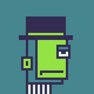 A stylized pixel-art illustration of a green character wearing a top hat on a teal background.