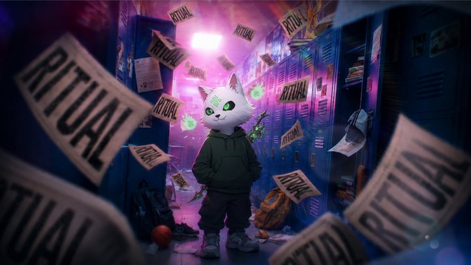 An anime-style digital illustration of a white cat wearing a dark hoodie standing in a school hallway with floating papers labeled 'RITUAL'.