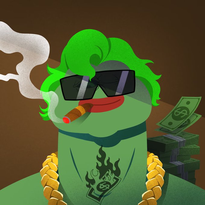 A cartoon illustration of a green Pepe the Frog character wearing sunglasses, a gold chain, smoking a cigar, with a flaming money tattoo on its chest, set against a brown background with stacks of cash.