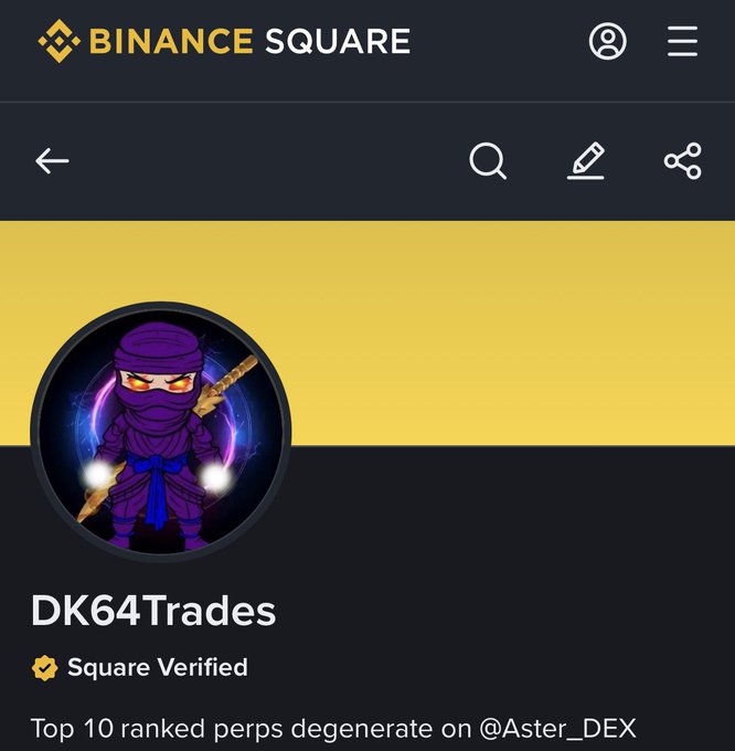 A Binance Square profile page for 'DK64Trades', marked as Square Verified, with the bio reading 'Top 10 ranked perps degenerate on @Aster_DEX' and featuring a purple ninja avatar.