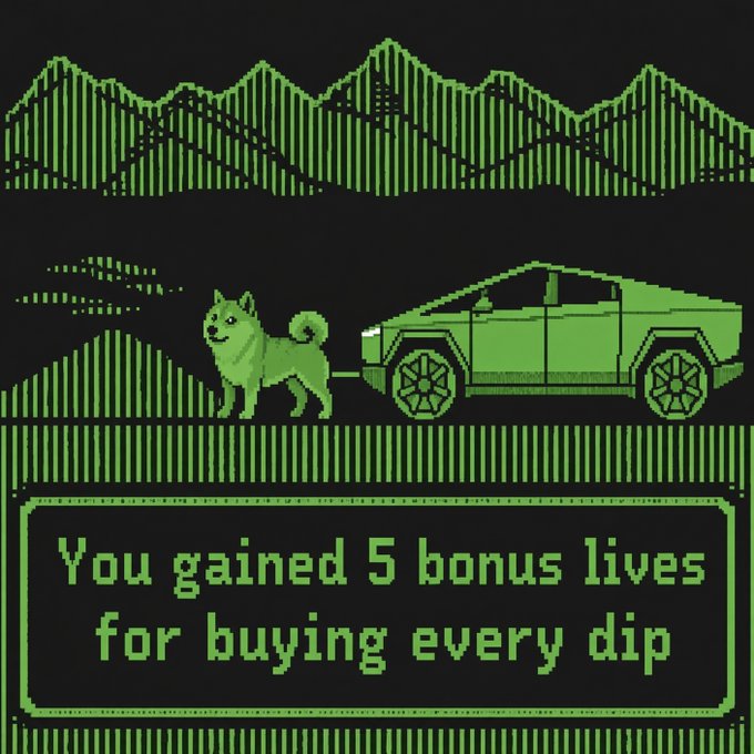 A retro green LCD-style graphic shows a dog standing next to a Cybertruck, with text reading 'You gained 5 bonus lives for buying every dip'.