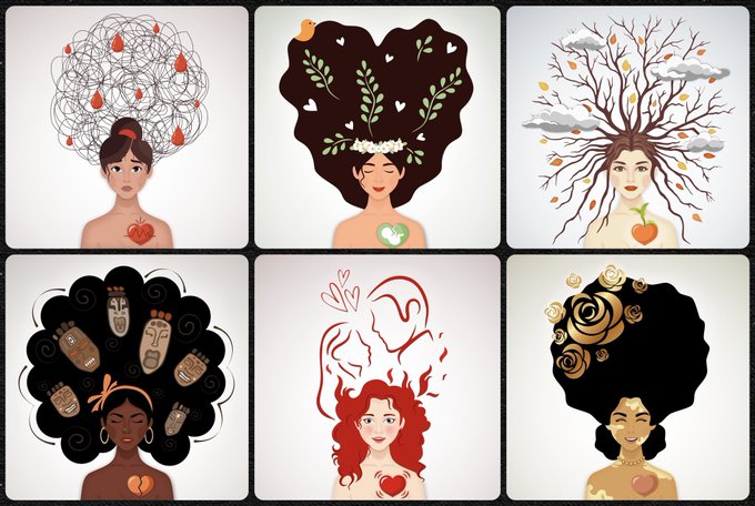 The image shows six stylized portraits of women, each featuring unique and imaginative hair designs—including tangled scribbles with hearts, branches with clouds and a carrot, leafy foliage, tribal masks, flowing red locks, and golden roses on an afro—with each figure displaying a small heart on their chest. This aligns perfectly with the post's theme of celebrating personal imagination and artistic creativity, as the collection visually transforms each woman's hair into a fantastical, symbolic element unique to her identity.