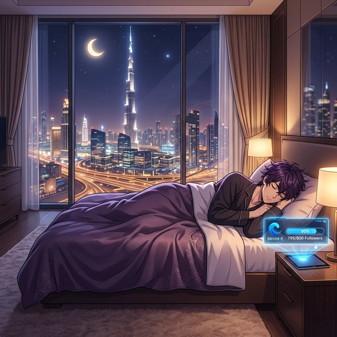 The image features a man sleeping peacefully in bed with a purple comforter. The room has large windows that provide a view of the city skyline at night, which includes the Burj Khalifa. The caption for this image reads "Good Night X Family The market might slow down at night, but the $RIVER wave never stops flowing." This phrase is related to the post because it highlights how the man's peaceful sleep represents the continuous flow and energy of the city outside his window, even during nighttime hours when most people are awake.